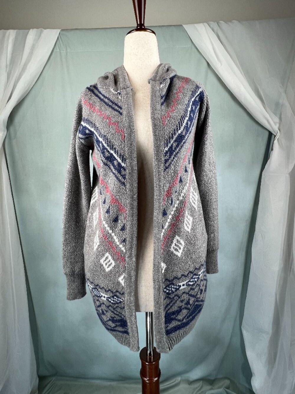 Pink Rose Kids Hooded Wrap Cardigan Grey & Blue Aztec Print Girls Sz Large